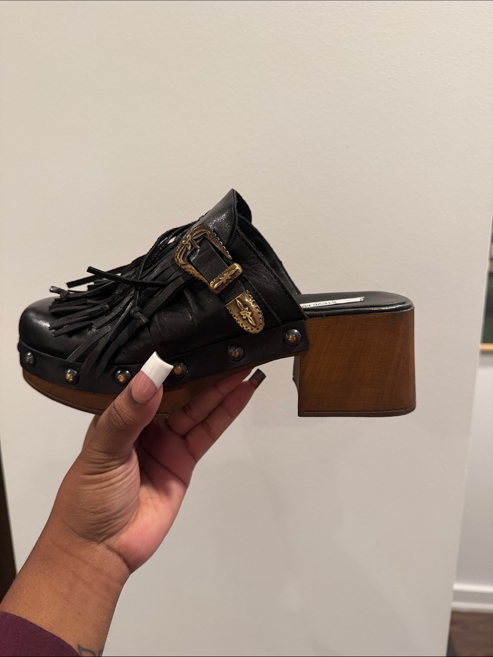 Steve Madden Black Leather Fringe Clog Mule with Wood Block Heel